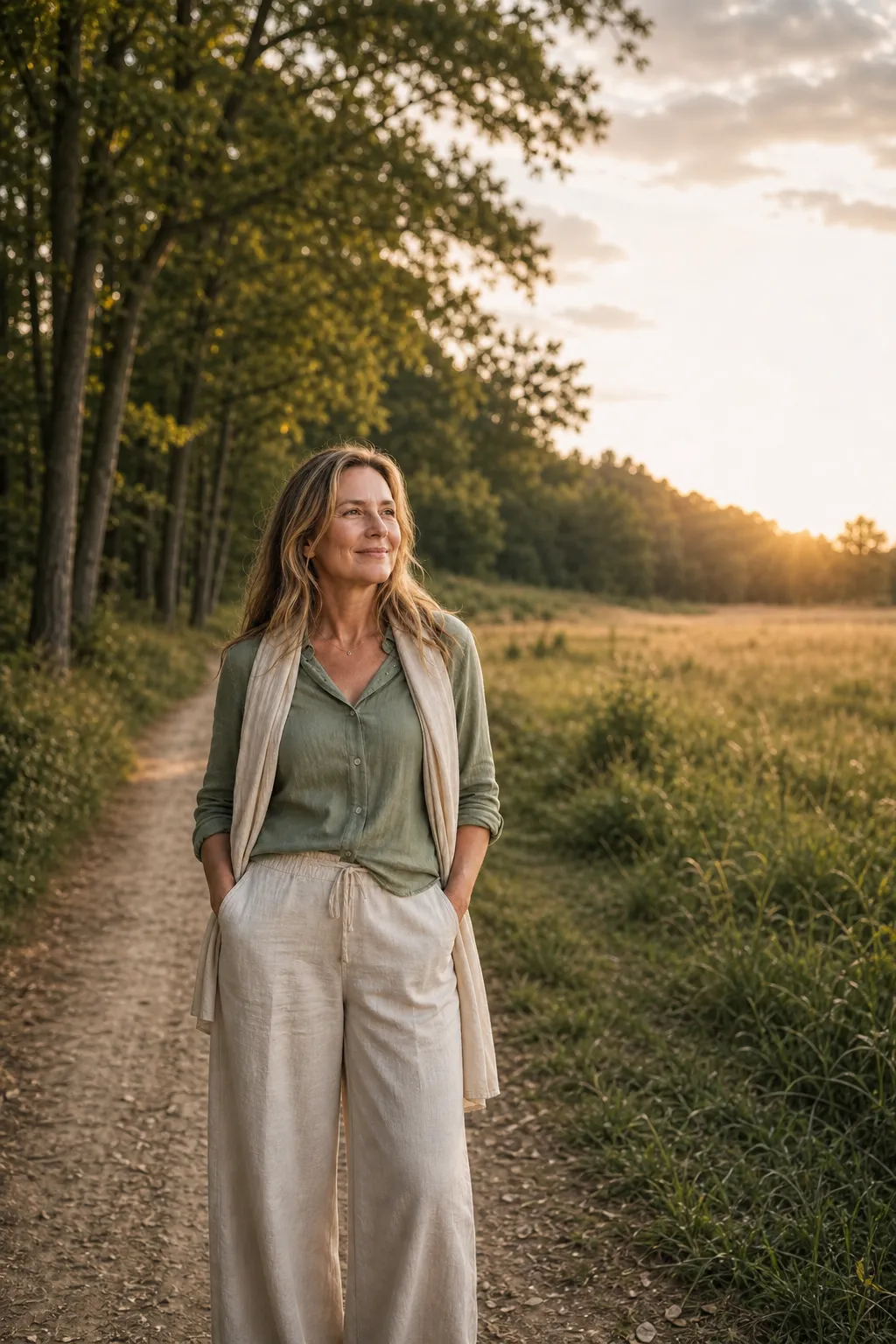A woman in nature looking calm and fulfilled